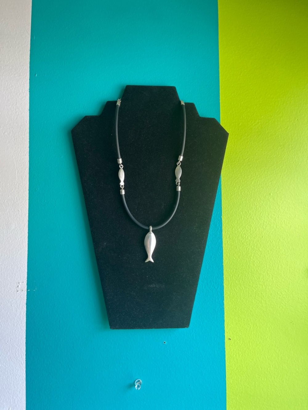 Silver Fish Pendant Black Cord Necklace